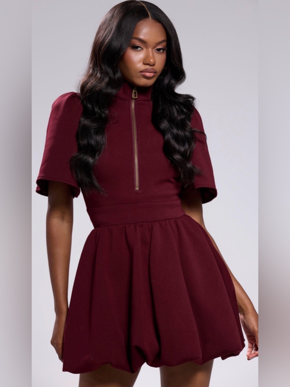 NWT-AKIRA Burgundy Zip-Front Puff Sleeve Midi Dress, Very cute